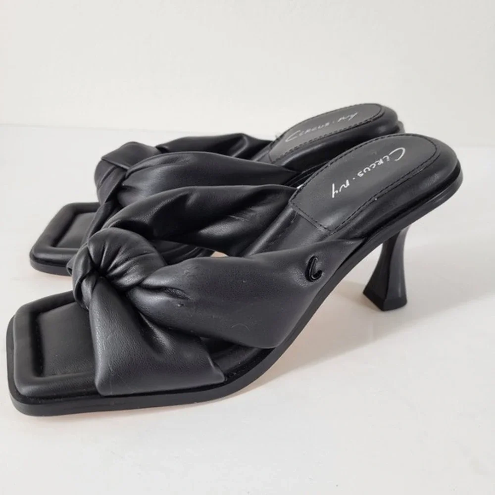 Sam Edelman Circus NY Black Square Toe Knot Heeled Mules Sandals Slip On Sz 6 - Picture 1 of 8